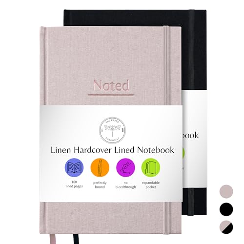 Lined Journal Notebook for Women & Men - 160 Pages, A5 Size 5.8 inches x 8.3 inches Linen Hardcover Notebook Journal for Work, Writing, and Note Taking with Thick 100 GSM Paper, Elastic Band, Lies Flat, Satin Bookmark, Expandable Pocket – 2-pack