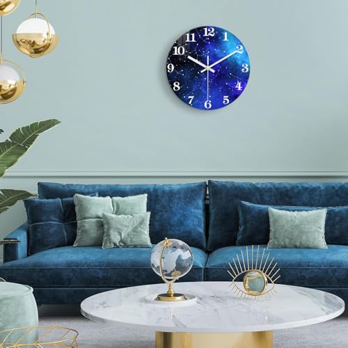 Image of XFM Blue Space Galaxy Wall Clock 12 Inch Silent Non-Ticking | Battery Operated Round Modern Glass Decorative for Living Room Kitchen Bedroom Office