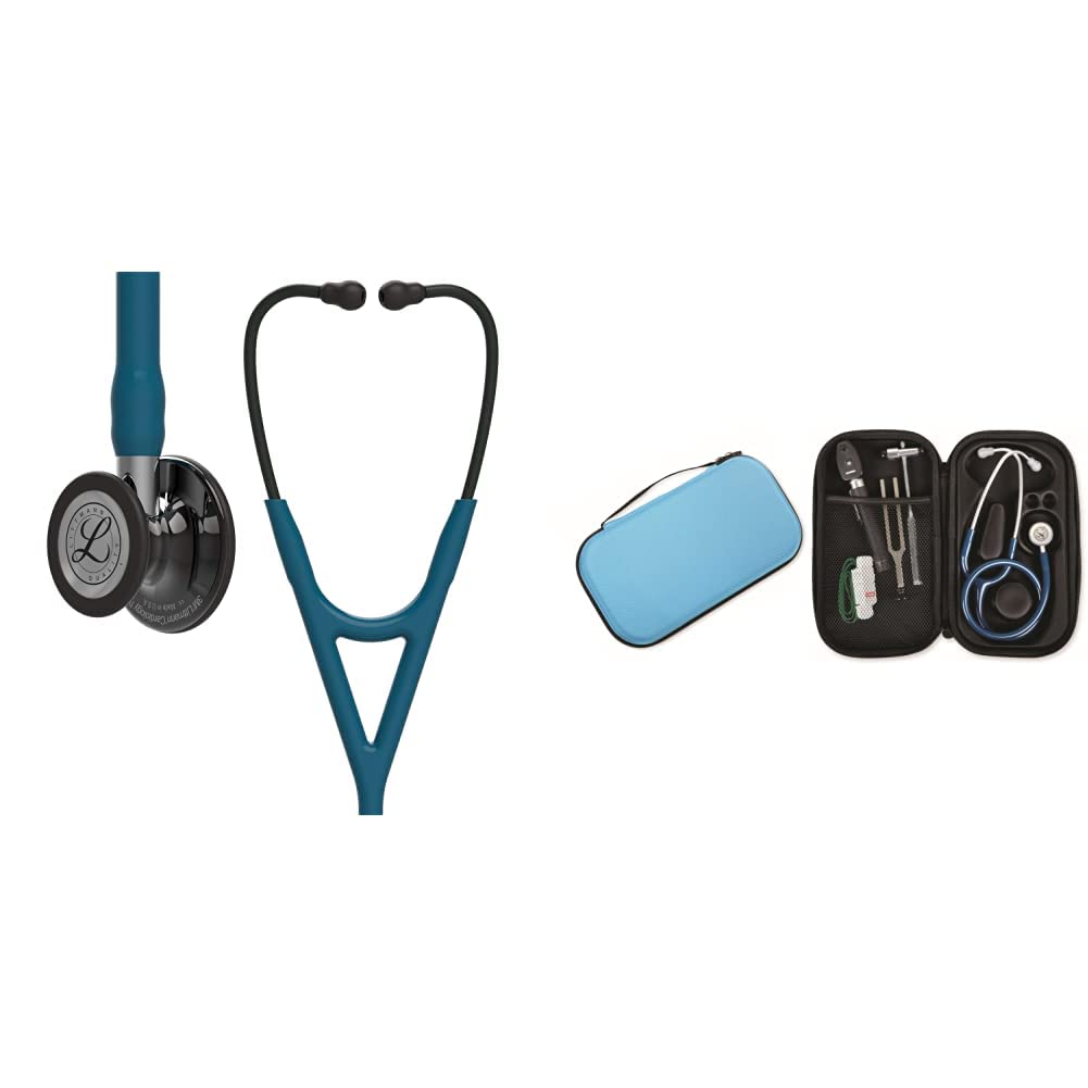 3M Littmann Cardiology IV, Stetoscopio diagnostico, testina con finitura altamente lucidata nerofumo, tubo auricolare blu caraibi, 6234 + GIMA ASTUCCIO PORTA FONENDO, Turchese, Uso Professionale