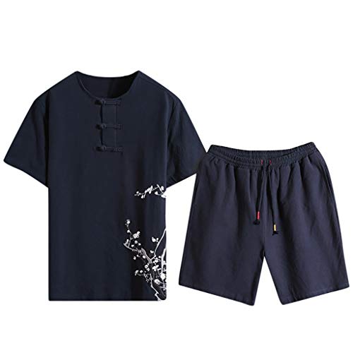 Kstare Mens Sets Clothing Two Pieces Summer, Men's Linen Casual Tracksuit T-Shirts Shorts Running Jogging Sports Set Navy