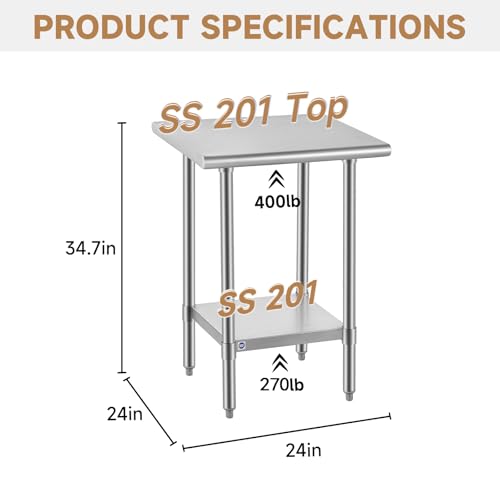 Image of ROCKPOINT All Stainless Steel Table for Perp & Work 24x24 Inch,Commercial Heavy Duty Workbench with Stainless Legs & Adjustable Undershelf, 670 lb Capacity for Restaurant,Home and Outdoor Kitchens