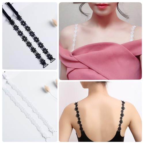 Sichumaria 2 Pairs Lace Flower Bra Straps,Adjustable Non-Slip Bra Straps Replacement Elastic Bra Shoulder Straps Non-Slip Lingerie Straps for Women Girls Tops Dress White and Black - Image 4