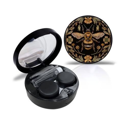 RETUIOS Cute Bee Contact Case Personalized Contact Box Travel Kit Portable Customized Contact Case with Mirror Tweezers Remover Tool Solution Bottle, Small, Black
