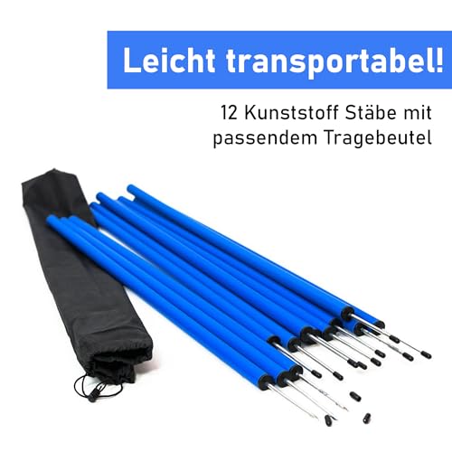 Lemodo Hunde Agility‑Set 12 Slalom‑Stangen, wetterfestes Slalom‑Set für Hundesport und Fußball, Agility‑Training, Hundetraining, Slalomstangen mit Metallspießen und Aufbewahrungstasche, Agility-Poles