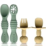 HippoBaby 4pc Silicone Baby Spoons Self Feeding Baby Utensils 6-12 Months - 3 Baby Spoon - 1 Baby Fork - Toddler Cutlery Set - BPA Free, Dishwasher Safe - Baby Eating Essentials (Green/Yellow) - Small