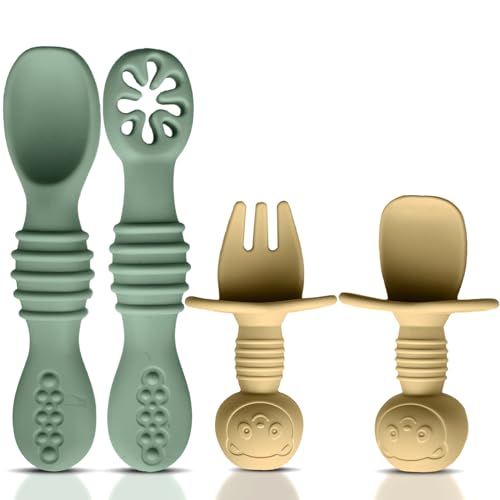 Image of HippoBaby 4pc Silicone Baby Spoons Self Feeding Baby Utensils 6-12 Months - 3 Baby Spoon - 1 Baby Fork - Toddler Cutlery Set - BPA Free, Dishwasher Safe - Baby Eating Essentials (Green/Yellow) - Small