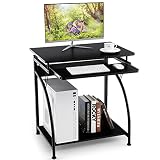 COSTWAY Computertisch mit Tastaturablage, Schreibtisch mit höhenverstellbarem Fußpolster, 2 Ebenen Ecktisch, Bürotisch schwarz, Arbeitstisch, PC-Tisch 70 x 47 x 75cm