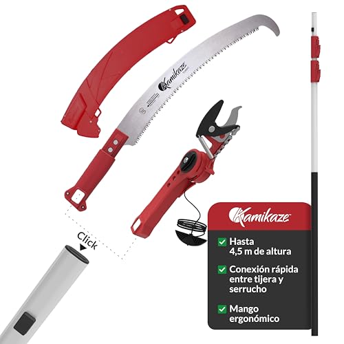 Kamikaze kit poda en altura 3 en 1 con pértiga telescópica 4,5m (3 tramos de 1,5m), tijera y serrucho intercambiables, cabezal giratorio, acero SK5