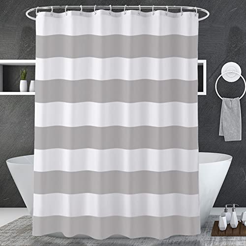 Image of AmazerBath Grey and White Shower Curtain Fabric, Striped Shower Curtain Cloth with Heavy Duty Stones and Rust-Resistent Metal Grommets, 72 inch W x 72 inch H