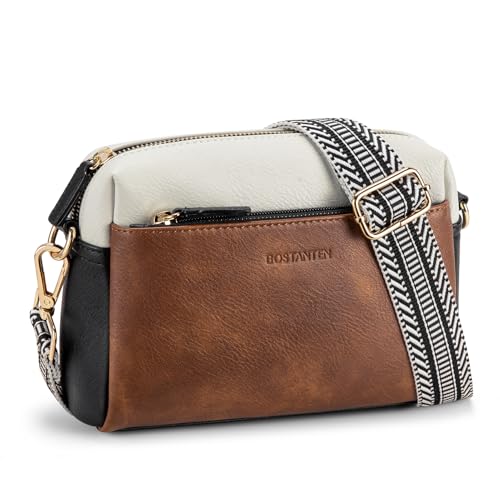 BOSTANTEN Small Crossbody Purse for Women Triple Zip Cell Phone Leather Handbag with Colored Shoulder Strap