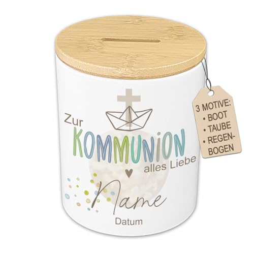 Spardose Kommunion Personalisiert mit Namen und Datum - Geldgeschenk zur Erstkommunion Junge & Mädchen - Keramik Spardose mit Bambus Holzdeckel - Modernes Boho Design Taube Boot Regenbogen