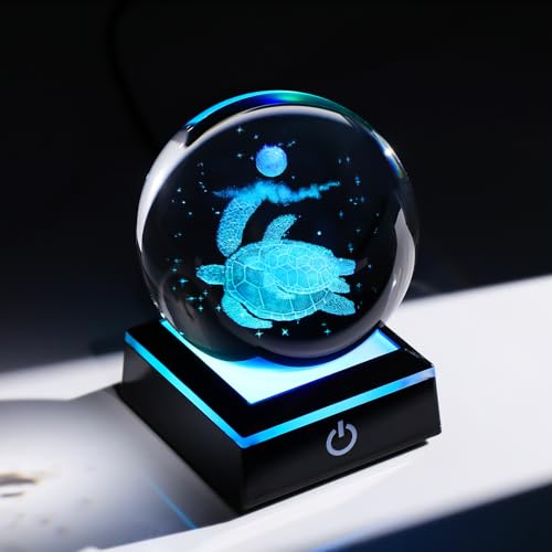 Image of Arikyrist 3D Crystal Ball Sea Turtle Figurine with LED Base Laser Sea Turtle Gifts for Women Men on Christmas Birthday Decorative Turtle Ball Glass Sea Turtle Globe Night Light for Home Decor (80mm)