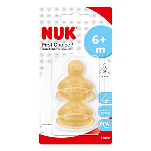 NUK First Choice+ Latex-Trinksauger | für ein natürliches Trinkgefühl | kiefergerechte Form | Größe 2 | 6+ Monate | M für Milch | 2 Stück