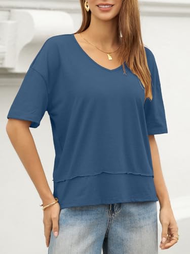 Image of UNCLECAT Womens V Neck T Shirts Summer Trendy Loose Fit Casual Tops Tees | Short sleeve, Spliced hem, Flowy graphic tees,Solid color cute basic t-shirts