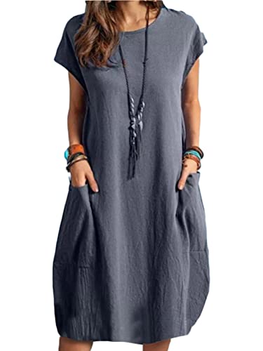 Onsoyours Damen Leinen Baumwolle Kleid Beiläufige Kurzarm Lose Maxikleider Rundhalsausschnitt Kleid Damen Leinenkleid Shirtkleid Leinenkleid Tunika...