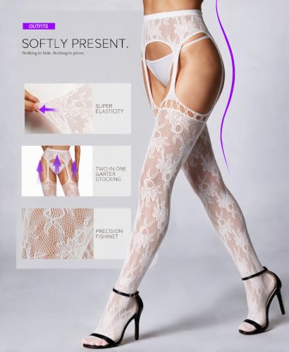 RSLOVE Fishnet Stockings for Women - Sexy Thigh High Lace Garter Belt Suspender Pantyhose for Party, Halloween (One Size White) - image 3