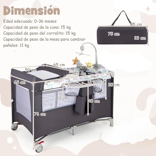Miniatura 6 de Costway 5 En 1 Cuna Bebé Con Ruedas Bloqueables, Cuna De Viaje Con Cambiador, Juguetes Colgando, Caja De Música, Colchón Y Bolsa De Transporte, Cama Infantil De 2 Niveles Gris