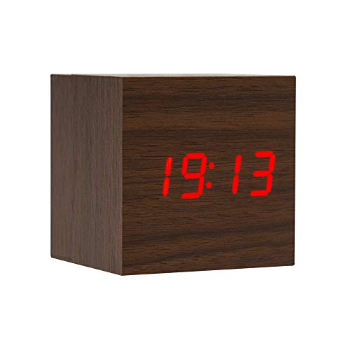 Lancoon Reloj De Alarma De Madera - Reloj Digital Mini Cubo con Pantalla De Hora/Fecha/Temperatura, Brillo De 3 Niveles Y Control De Voz Ideal para Viajes A La Oficina En El Hogar - AC10Brown_Red