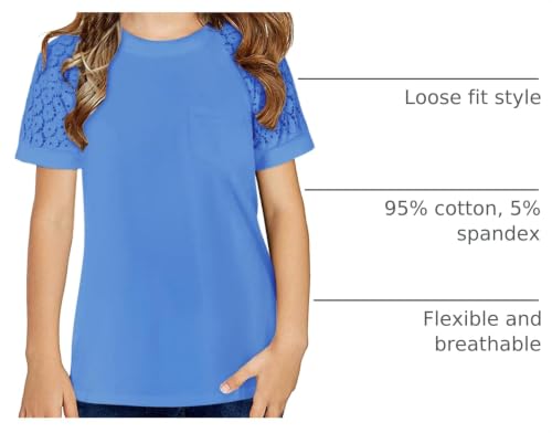 Image of Girls Summer Short Sleeve Shirts Lace Casual Cute Crew Neck Solid Color Blouses Tops Sizes 6-15 Years