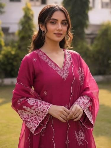 Image of SHIENZY Women's Embroidered Kurta Pant Set with Dupatta | Straight Kurta Set for Women | Ethnic Kurta Set for Women, Traditional Indian Kurta Pant Dupatta Set