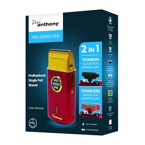 Paul Anthony Pro Series One Lithium Mens Professional Foil Shaver with Blades for Normal or Sensitive Skin, Spare Hypo-allergenic Foil and Travel Bag, Dry use only - Red - H5003RD