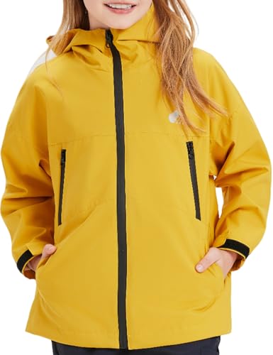 IOFLIGGA Kids Rain Jacket for Boys Girls Lightweight Waterproof Hooded Breathable Outdoor Coat Easy to Fold for 5-14Y (US Age 9 Years 10 Years Mustard Yellow)