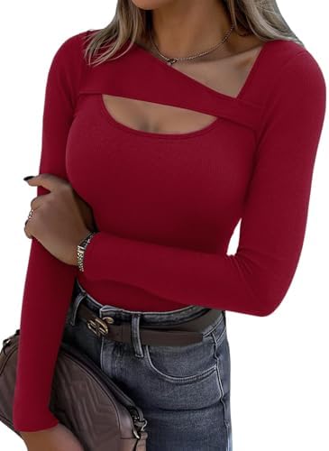 Aottori Langarmshirt Damen Gerippt Asymmetrischer Ausschnitt Slim Fit | Oberteile Langarm, Basic Tops, Tee Shirts, Elegant, Stretch, Casual, Einfarbig, Alltag Freizeit