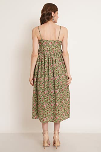 Image of COTLAND Fashions Jaipuri Cotton Printed Flared Strappy Midi A-Line Dress For Women (Meadow Mist) Medium