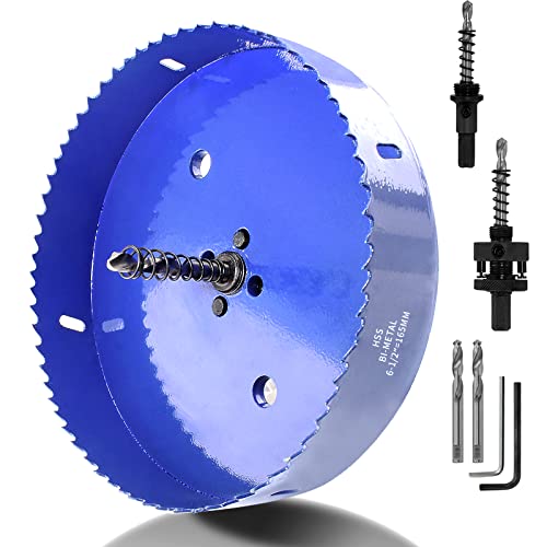 Image of Luomorgo 165mm /6 1 /2 inch Hole Saw with Arbor | 1 1 /4 inch Cutting Depth, HSS Bi-Metal, For Wood Cornhole Boards Plastic Drywall & Metal Sheet