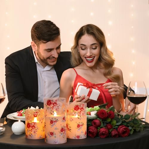 Image of Rose Flameless Candles Set of 3 - Glass Battery Operated Candles with Remote, Flickering Floral Flameless Candle for Wedding, Home, Party Gift