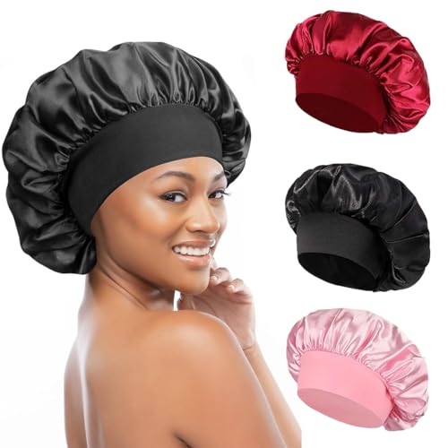 CISKHQR 3 Pezzi Cuffia Seta Capelli Ricci, Berretto da Notte Raso Elastico Cuffia Capelli Ricci Notte, Cappello da Notte Raso Donna per Protezione dei Capelli Ricci Lunghi e Corti