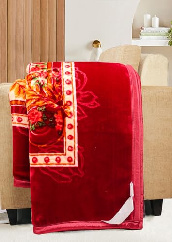 BSB HOME Super Soft Cloudy Printed Double Bed Blanket for Heavy Winter, Single Ply Mink Blanket King Size with 220 x 230 Cm – 2.5 Kg (Multicolour Red and Beige, Pack of 1)