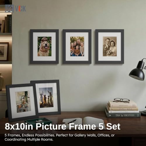 Image of VCK 8x10 Picture Frame 5 Pack, Black Wood, 5x7 Mat, Glass, for Photo Print