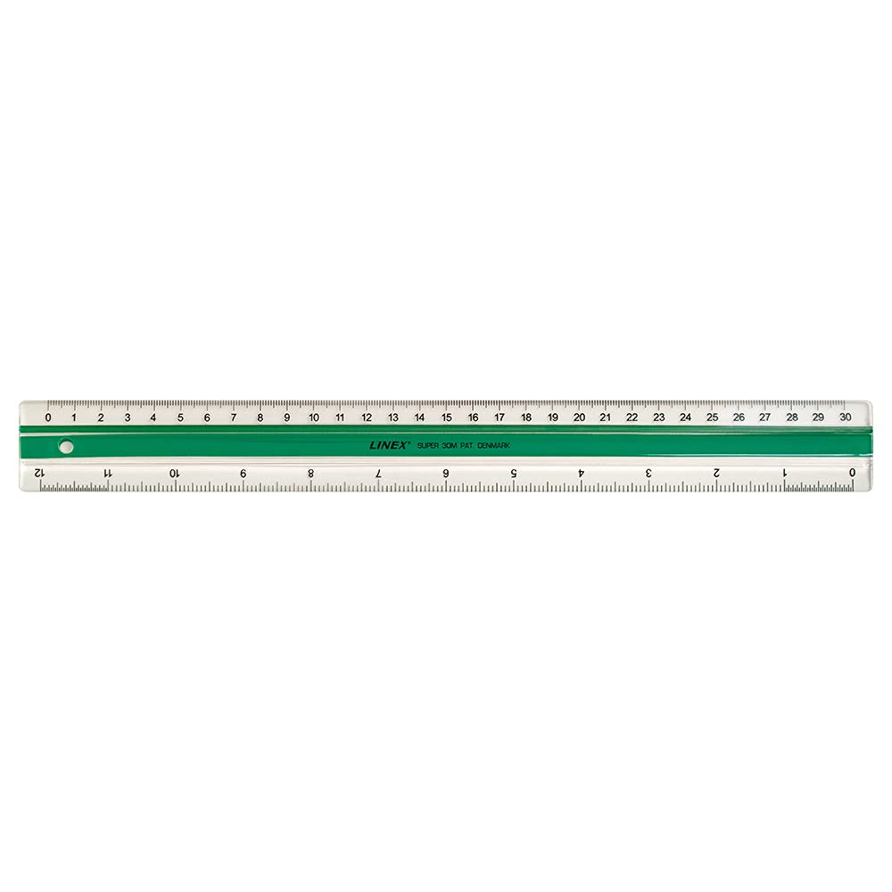 Linex 30cm Anti-Slide Ruler, Pack Of 2 - Clear Acrylic With Green Center, Metric & Imperial Scales