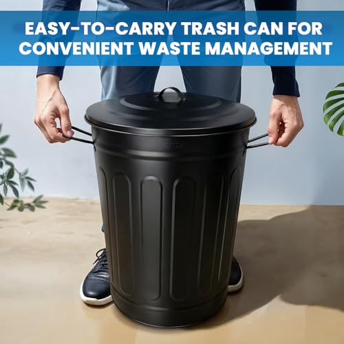Image of Plexon Metal Trash Can with Lid 13 Gallon, Decorative Outdoor Trash Can Heavy Duty Galvanized Metal Bucket with Lid for Garage Workshop Storage Farmhouse, Black
