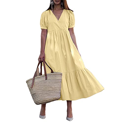 Robe d'été longue et élégante avec col en V fluide jaune taille XXL