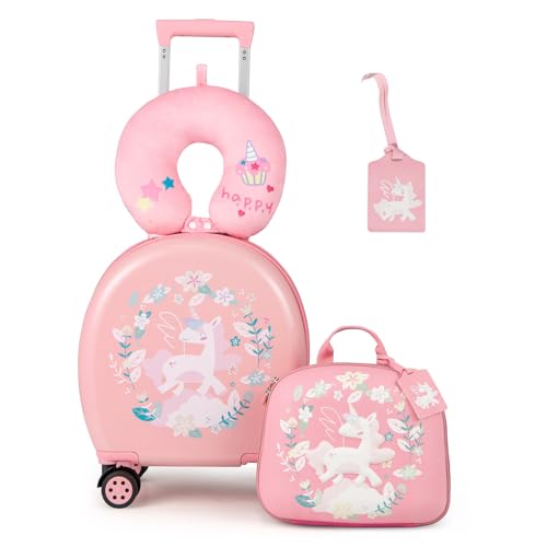 SOARS Maleta Infantil de 4 Piezas, Maleta Viaje con Mochila, Cojín Cervical y Etiqueta de Equipaje, Equipaje Infantil con Ruedas y Asa Telescópica, para niños y niñas (Unicornio)