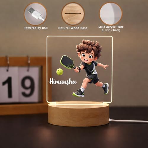 Image of SNAPTRAP Personalized Pickleball LED Lamp with Name for Boys | Custom Acrylic Night Lamp with Wooden Base | Sports Gift for Kids, Boys & Men | USB Powered Bedroom & Desk Decor Light