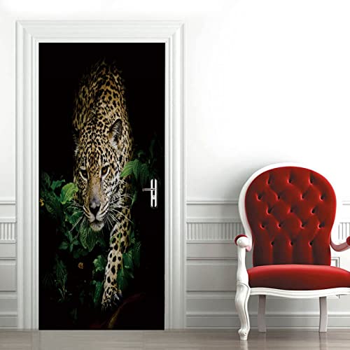 A.monamour 3D Door Stickers For Interior Doors Jaguar Walking In The Forest Animal Portrait Vinyl Removable Self Adhesive Door Poster Wallpaper Mural Decals For Bedroom Office Bathroom 95 X 215 Cm #TOP9