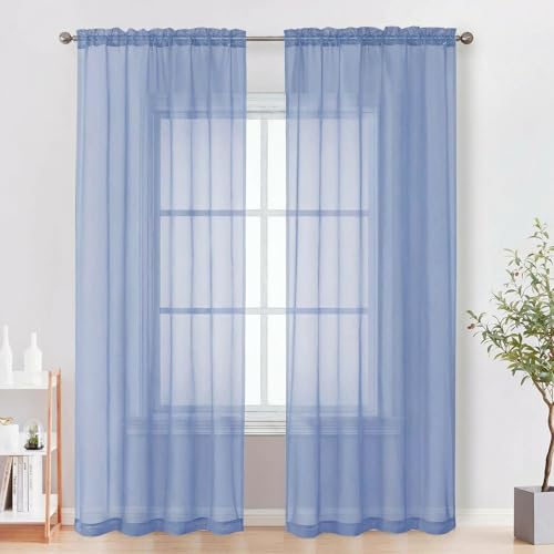 Image of OVZME Sheer Curtains 84 Inches Long 2 Panels Set, Light Filtering Transparent Lightweight Soft Window Treatment Panels for Study Room Living Room Guest Room, Each 42W x 84L Inches, Demin Blue