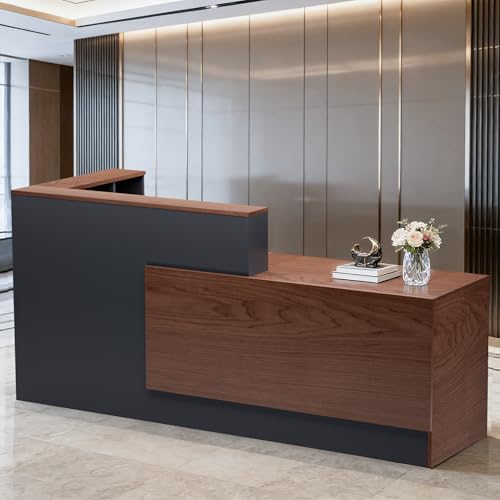 L-Shaped Modern Large Wooden Commercial Reception Desk with Counter & Shelves, Front Reception Desk Counter Table with Drawers for Offices,Home (Brown + Black, Right- 87''L x 42''W x 41''H)