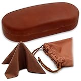 Sunglass Case - Hard Glasses Case for Medium to Large Frames, Eyeglass case Hard shell with Drawstring Pouch and Cleaning cloth By MyEyeglassCase (AS87 Brown)