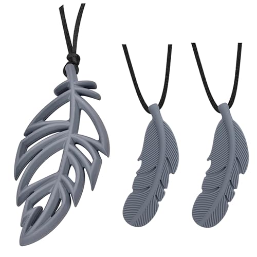 Image of Multi-Functional Chewlery Fidget Necklace,Baby Teething Necklace | Sensory Chew Necklaces for Kids Adults,Leaf Feather Teether 3 pcs