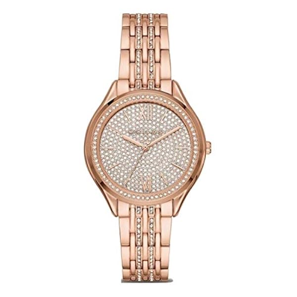 Michael Kors 7085 stenar utsmyckad rund rostfritt stål analog klocka för kvinnor – roséguld, Guld, klänning
