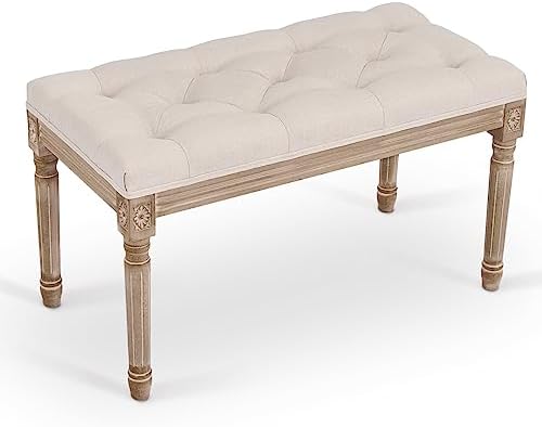 VONLUCE French Vintage Bench with Padded Seat and Rubberwood Legs, Upholstered Entryway Bench Shoe Bench and Dining Bench, Tufted Fabric End of Bed Bench for Bedroom Living Room Hallway More, Beige