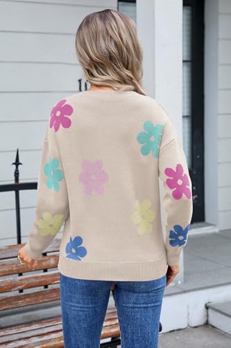 Image of Angashion Women Long Sleeve Sweater - Fall Casual Crewneck Knit Tops Floral Print Cute Loose Pullover Jumper