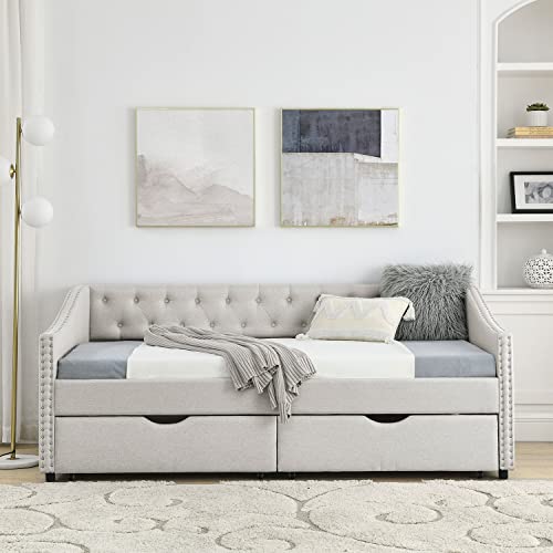 Daybed with Drawers, Modern Linen Upholstered Twin Size Day Bed Button-Tufted Sofa Daybed Frame with Double Drawers, No Box Spring Needed, Furniture for Bedroom Living Room Guest Room (Beige, Twin)