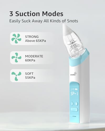 Image of GROWNSY Nasal Aspirator for Baby with Protection Mode, Electric Nose Suction for Baby, Automatic Baby Nose Sucker with 3 Silicone Tips, Adjustable Suction Level, Music and Light Soothing Function