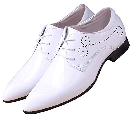 Dress Shoes for Men Pointed Toe Classic Patent Leather Lace Up Oxford White 11 US