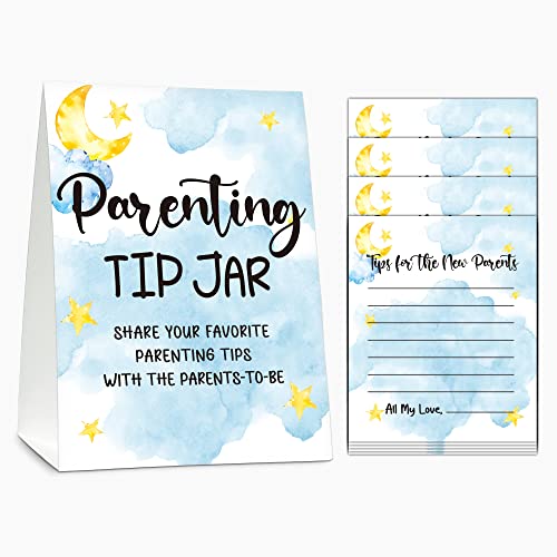 Juegos de fiesta prenatal, juegos de fiesta parental (1 panel de pie + 20 tarjetas de consejos), tarjetas de consejos sobre la luna y las estrellas para los nuevos padres, decoración de baby shower en